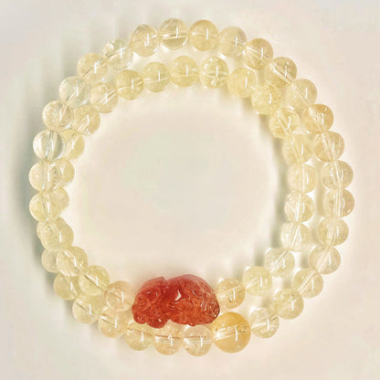 Hand‑Carved Strawberry Quartz Pixiu with Citrine Beads — Meaning of Wealth & Positive Flow | Zen Ara Grove