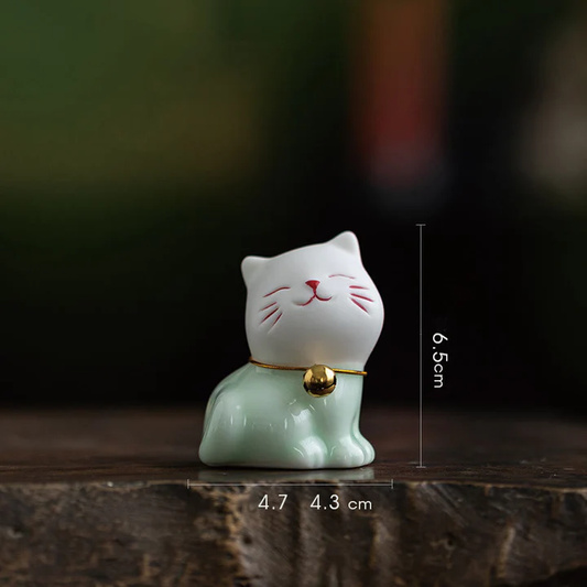 Mini Lucky Cute Cat Light Green White Ceramic Figurine Decoration | Zen Ara Grove