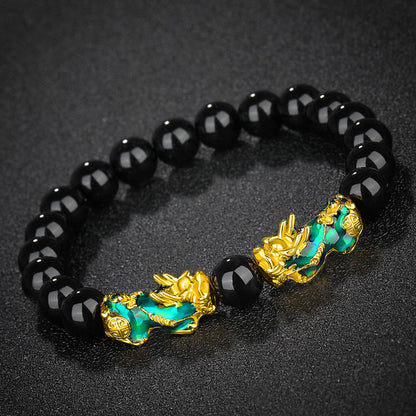 Thermo‑Color Changing Pixiu Obsidian Mantra Bracelet – Symbol of Protection and Fortune | Zen Ara Grove