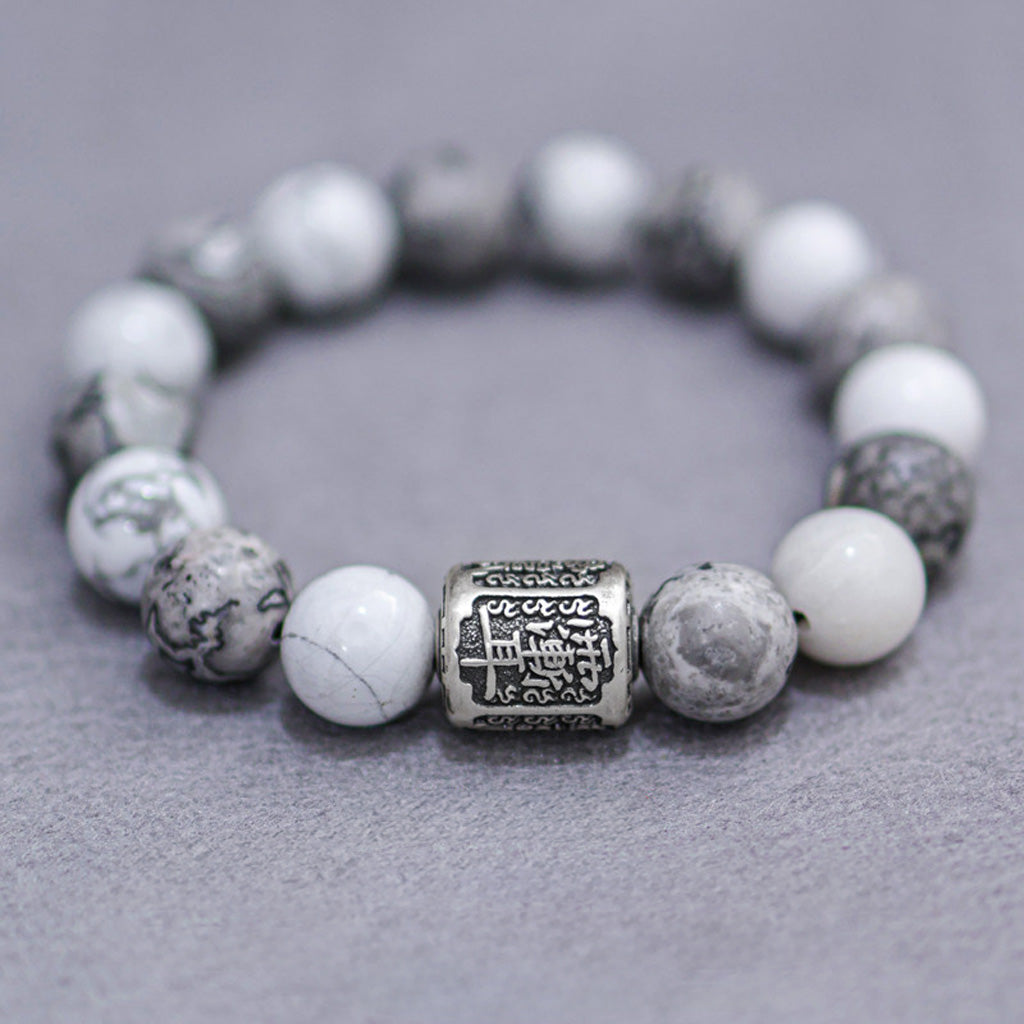 White Turquoise & Map Stone Bracelet with Taoist "Rain Gradual Ear"Beads – Symbol of Protection, Purification & Inner Harmony | Zen Ara Grove
