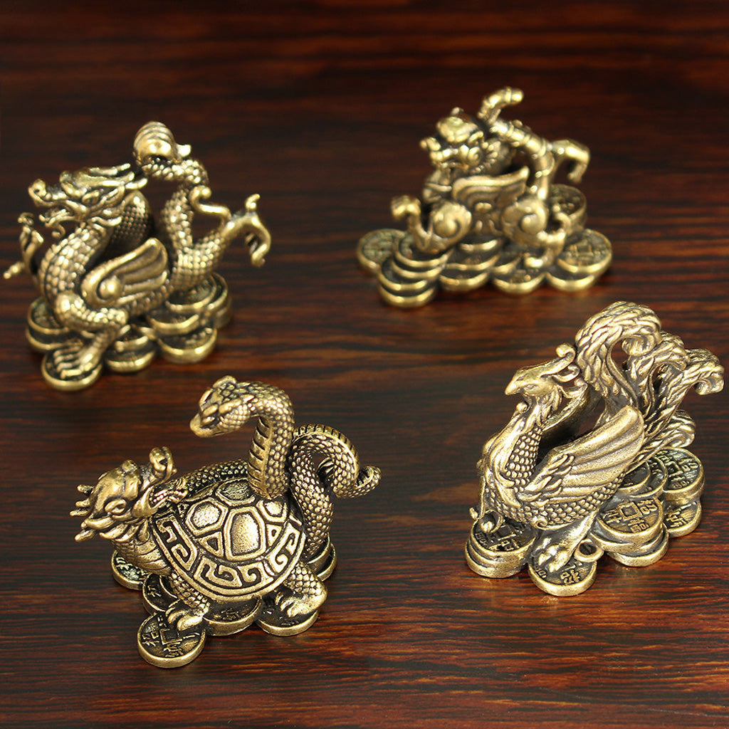 Brass Four Guardian Beasts Set – Azure Dragon, White Tiger, Vermilion Bird & Black Tortoise Statues | Zen Ara Grove