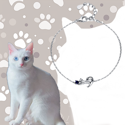 Sterling Silver Cat Bracelet – S925 Kitty Clutching Blue Cubic Zirconia | Zen Ara Grove