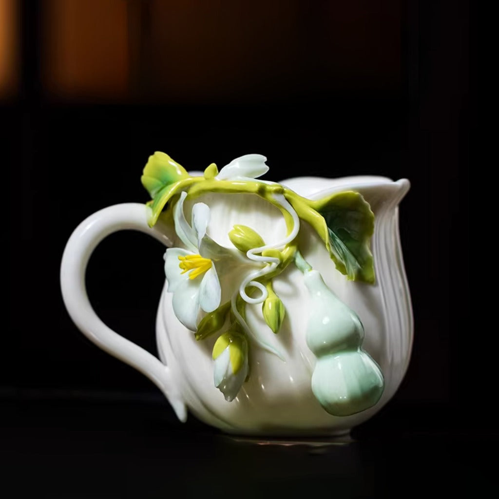 Handcrafted Ceramic Cup with Gourd Blossom – Living Art on Your Teacup | Zen Ara Grove
