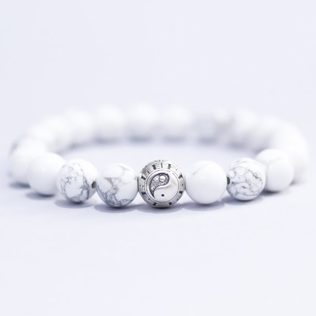 White Turquoise & Map Stone Beaded Bracelet – Yin-Yang Metal Accent, 999 Silver Ba Gua Bead | Zen Ara Grove