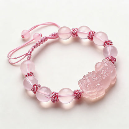 Hand‑Carved Rose Quartz Coin Pixiu Adjustable Bracelet — Meaning of Prosperity & Harmony | Zen Ara Grove