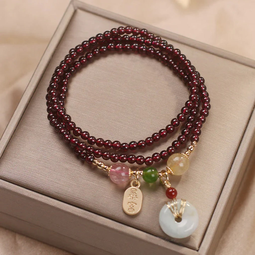 Elegant Garnet & Strawberry Quartz Fox Bracelet – Multi‑Loop Design | Zen Ara Grove