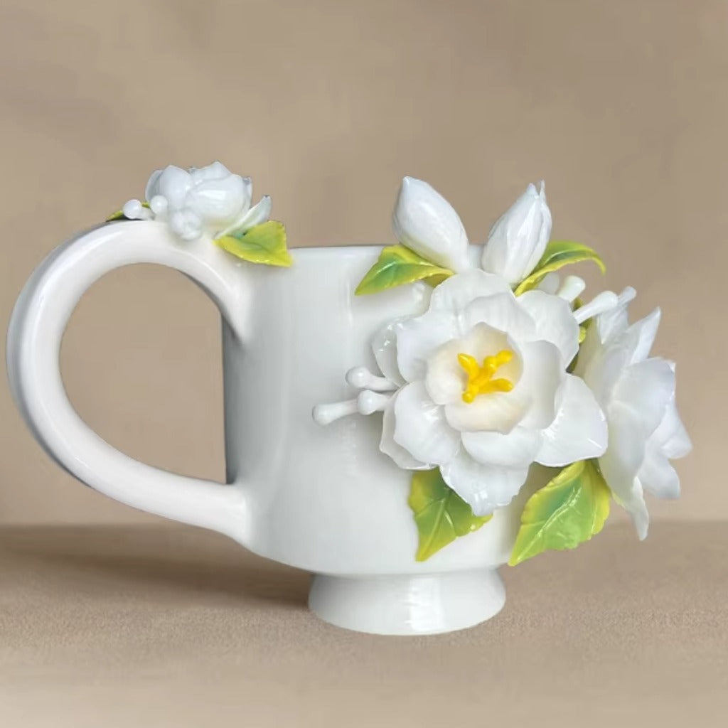 Handcrafted Heritage Ceramic Cup – Jasmine Blossoms Blooming from the Surface | Zen Ara Grove