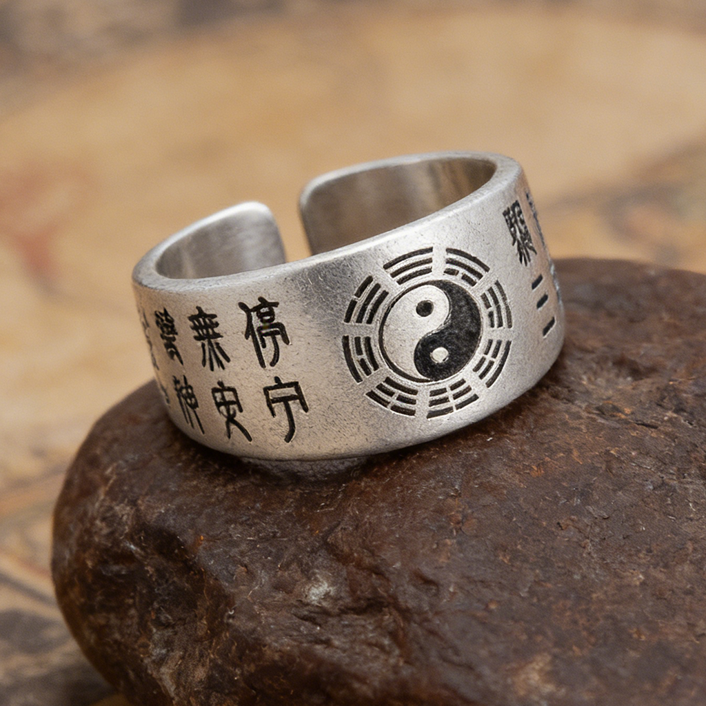 Copper Adjustable Taoist Mantra Ring with Taiji & Bagua Symbols – Protection & Harmony | Zen Ara Grove