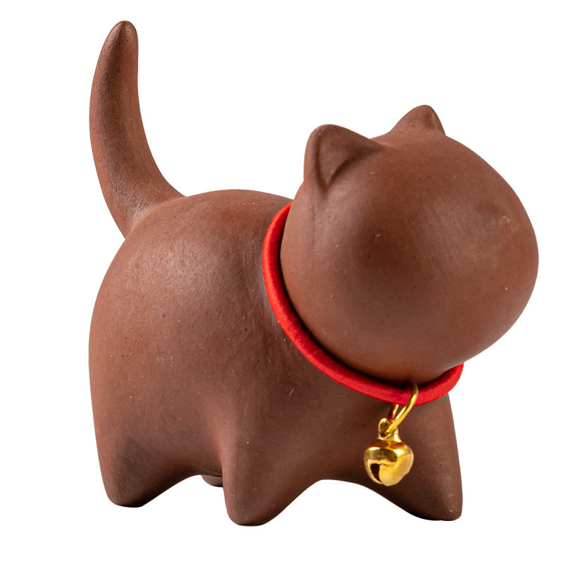 Mini Lovely Red Rope Bell Cat Tea Pet Purple Clay Figurine Desk Decoration | Zen Ara Grove