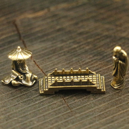 Mini Brass Figurine Set – Saluting Buddha, Luoyang Bridge Scene, Little Monk & Fishing Old Man | Zen Ara Grove