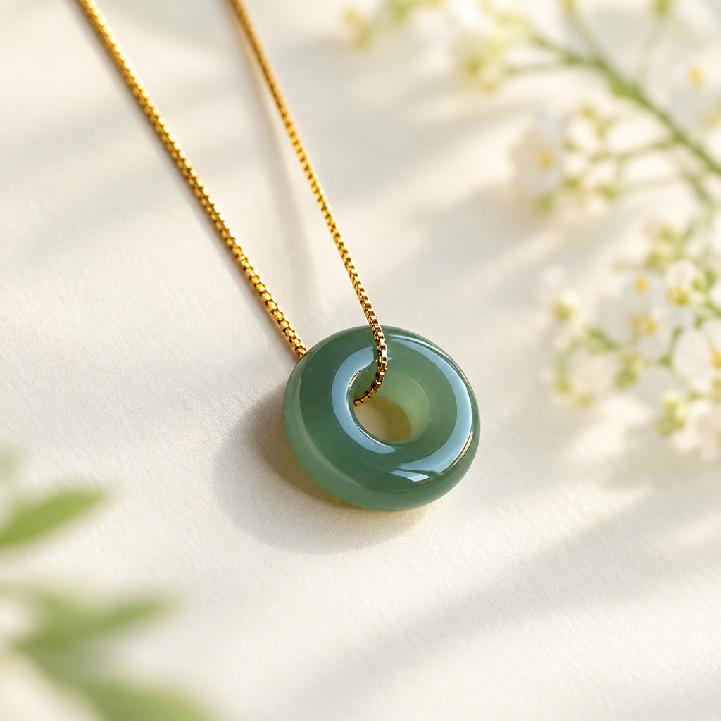 Double Jade Peace Buckle Necklace with Gold-Tone or Silver-Tone Chain