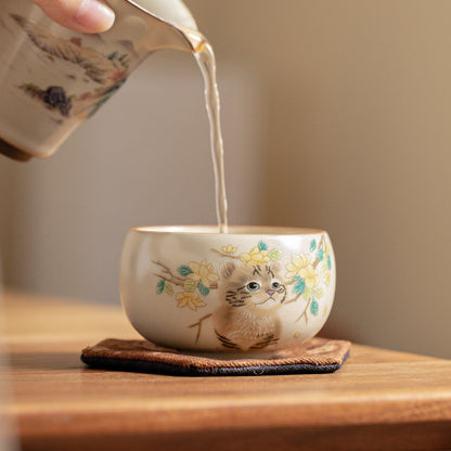 Cute Cat Yellow Flowers Rabbit Teacup Kung Fu Tea Cup  | Zen Ara Grove
