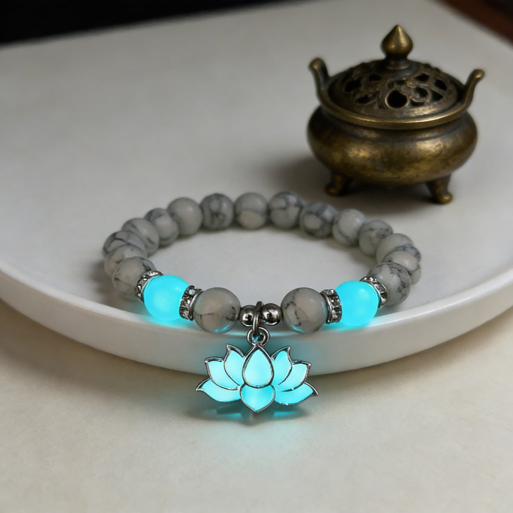 Glow-in-the-Dark Turquoise Lotus Bracelet – Zen Night Calm | Zen Ara Grove