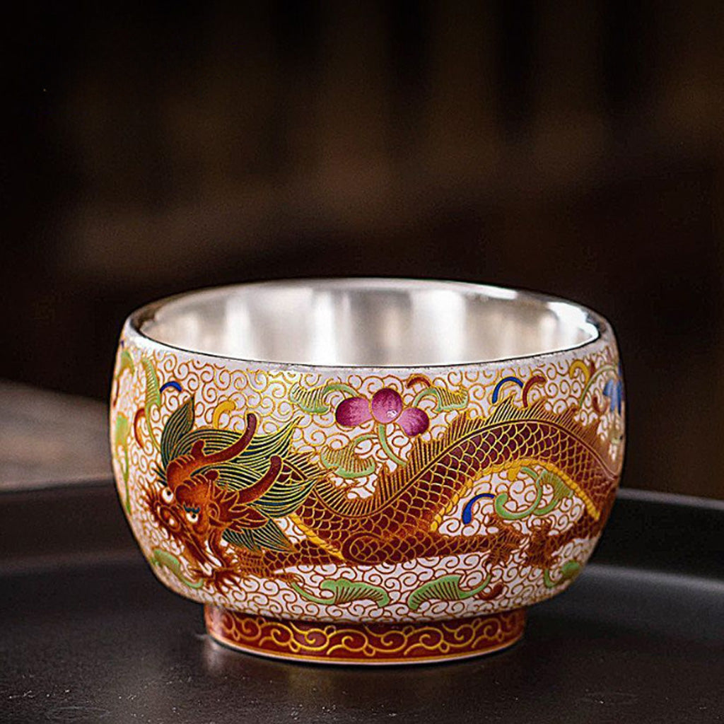 999 Silver Hammered Teacup – Dragon & Phoenix Design – Handcrafted Symbol of Strength and Harmony | Zen Ara Grove
