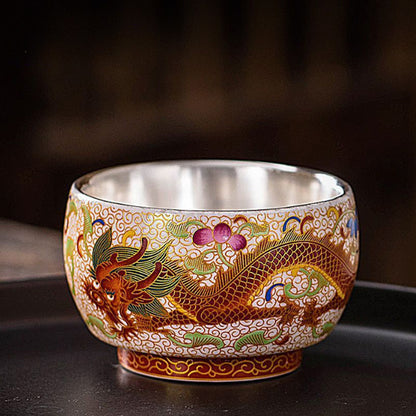 999 Silver Hammered Teacup – Dragon & Phoenix Design – Handcrafted Symbol of Strength and Harmony | Zen Ara Grove