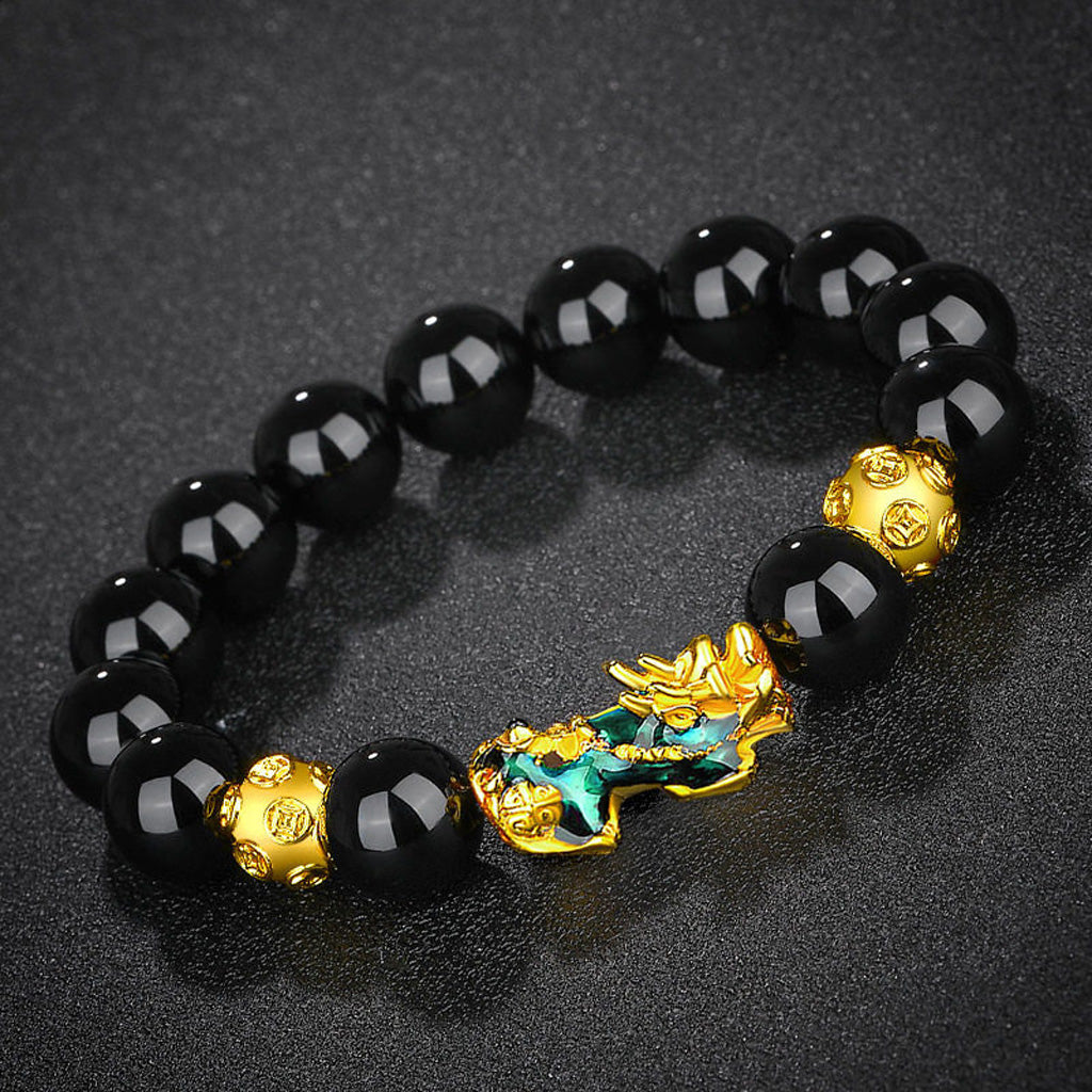 Thermo‑Color Changing Pixiu Obsidian Mantra Bracelet – Symbol of Protection and Fortune | Zen Ara Grove