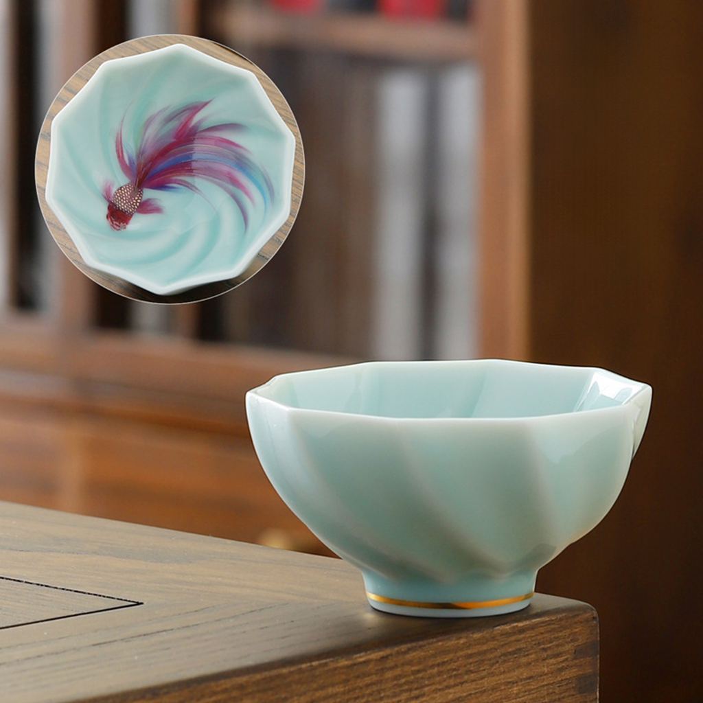 Celadon Porcelain Koi Fish Teacup – Artistic Green Glaze Tea Bowl | Zen Ara Grove