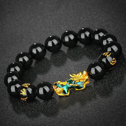 Thermo‑Color Changing Pixiu Obsidian Mantra Bracelet – Symbol of Protection and Fortune | Zen Ara Grove