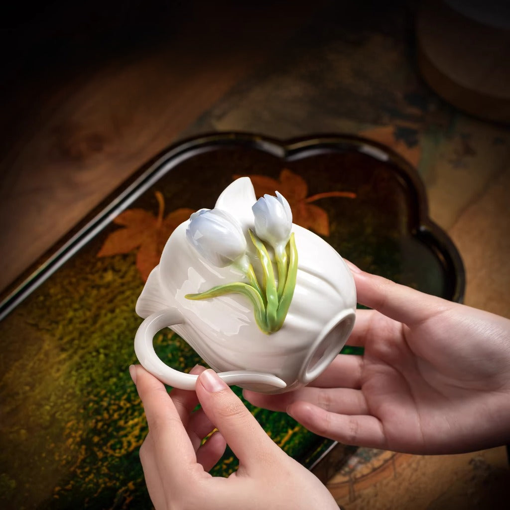 Limited Time Offer · Handcrafted Heritage Porcelain Cup – Tulip Blossoms Growing from the Surface | Zen Ara Grove