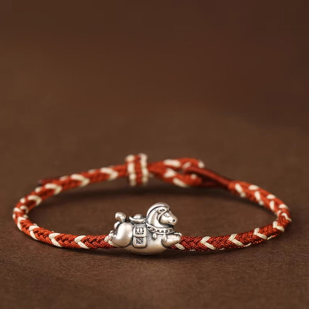 Sterling Silver Horse Charm Bracelet – Adjustable Braided Cord for Good Fortune | Zen Ara Grove