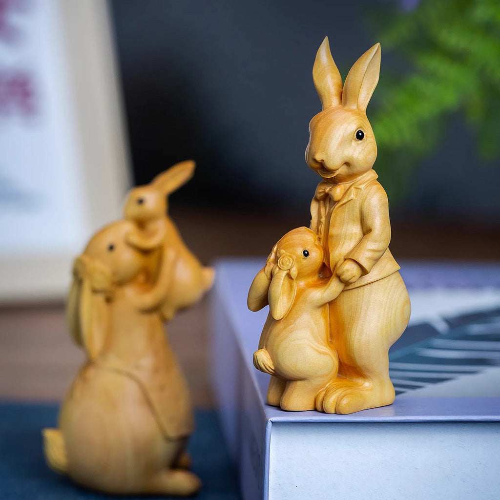Boxwood Family Bunny Wood Sculpture – Symbol of Love & Blessing | Zen Ara Grove
