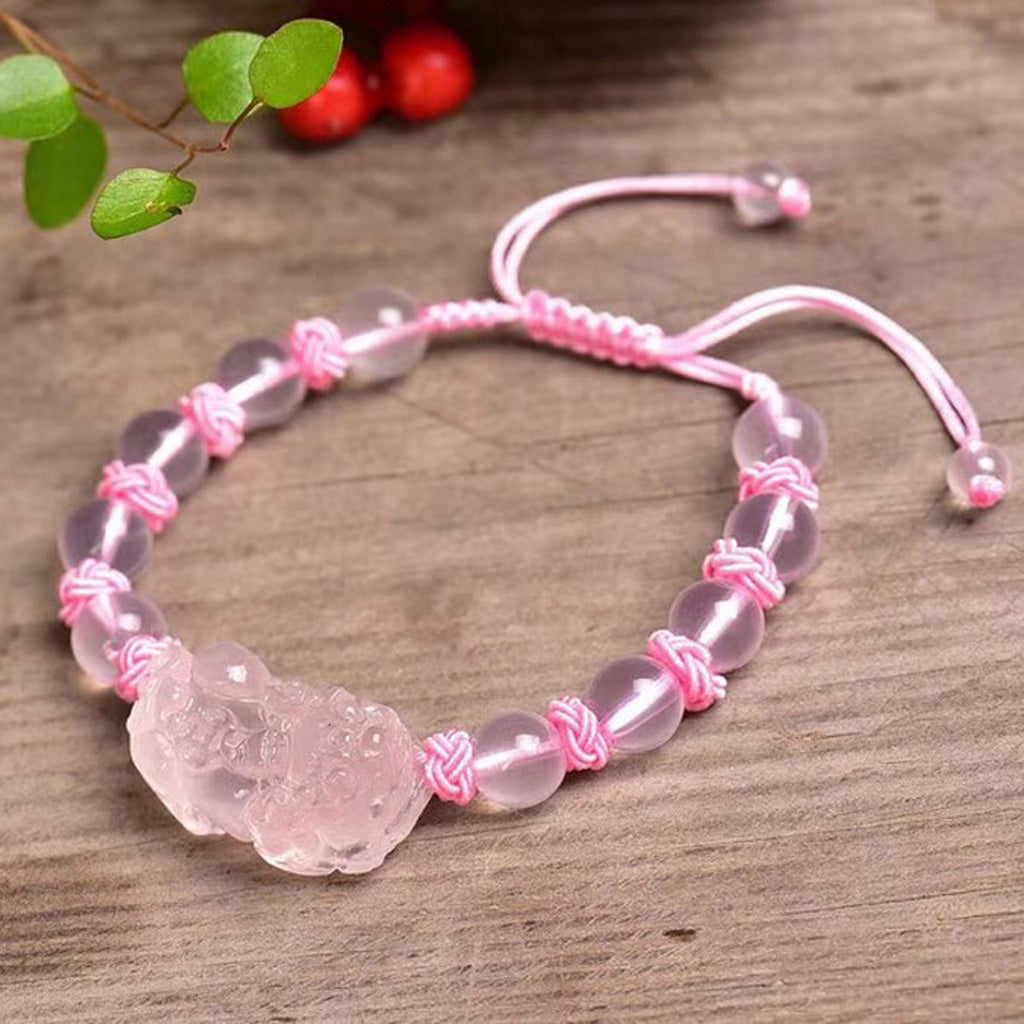 Hand‑Carved Rose Quartz Coin Pixiu Adjustable Bracelet — Meaning of Prosperity & Harmony | Zen Ara Grove