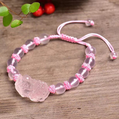 Hand‑Carved Rose Quartz Coin Pixiu Adjustable Bracelet — Meaning of Prosperity & Harmony | Zen Ara Grove