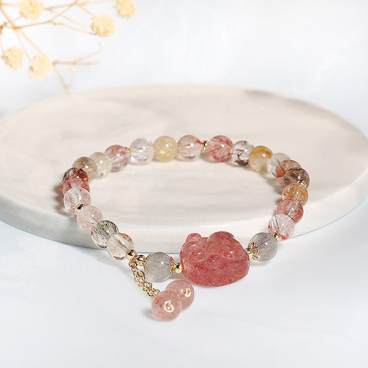Natural Strawberry Quartz Pink Crystal Lucky Cat Paw Love Bracelet | Zen Ara Grove