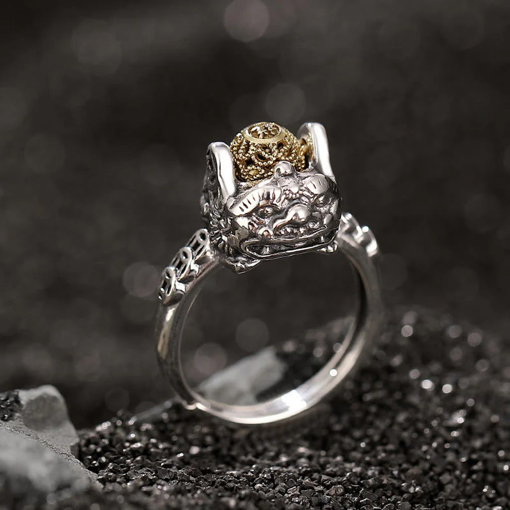 S925 Sterling Silver Pixiu Ring – Fortune & Protection – Adjustable with Rotating Gold Bead | Zen Ara Grove