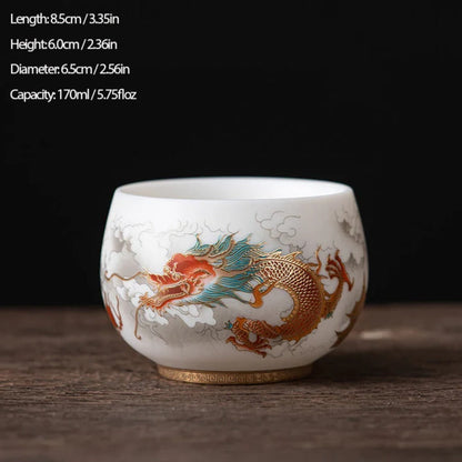 Milky White Porcelain Mug with Dragon and Phoenix Motif – Elegant & Durable | Zen Ara Grove