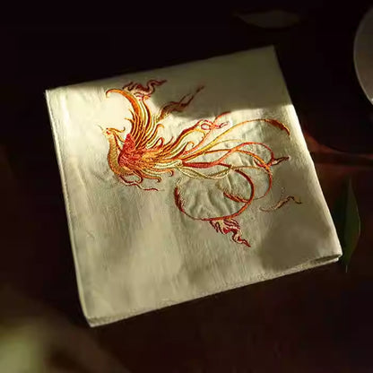 Double‑Layer Cotton Handkerchief – Hand‑Embroidered Phoenix Symbolizing Grace and Renewal | Zen Ara Grove