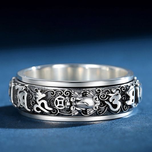 Six-Word Mantra Spin Ring with Pixiu Blessings | Zen Ara Grove