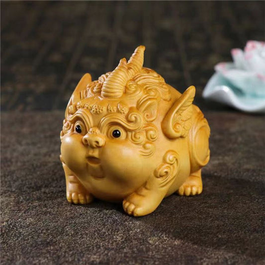 Cute Pixiu Boxwood Sculpture – Prosperity and Abundance Decorative Piece | Zen Ara Grove