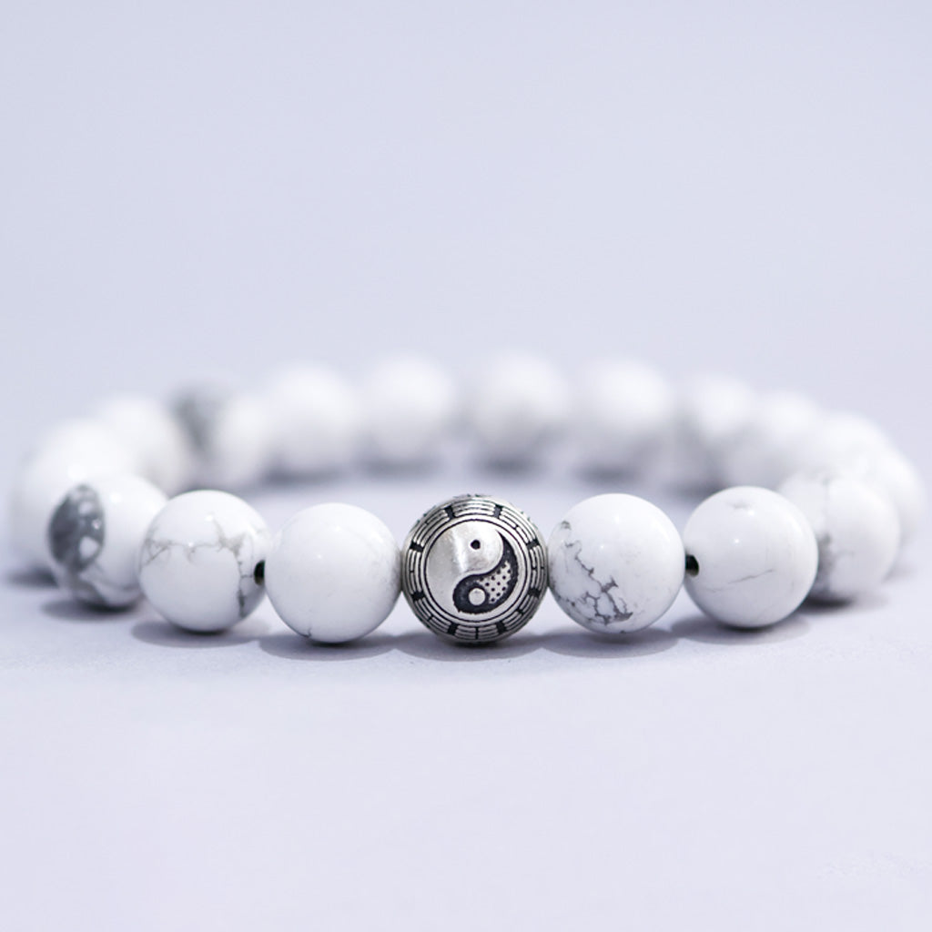 White Turquoise & Map Stone Beaded Bracelet – Yin-Yang Metal Accent, 999 Silver Ba Gua Bead | Zen Ara Grove