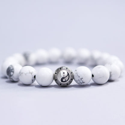 White Turquoise & Map Stone Beaded Bracelet – Yin-Yang Metal Accent, 999 Silver Ba Gua Bead | Zen Ara Grove