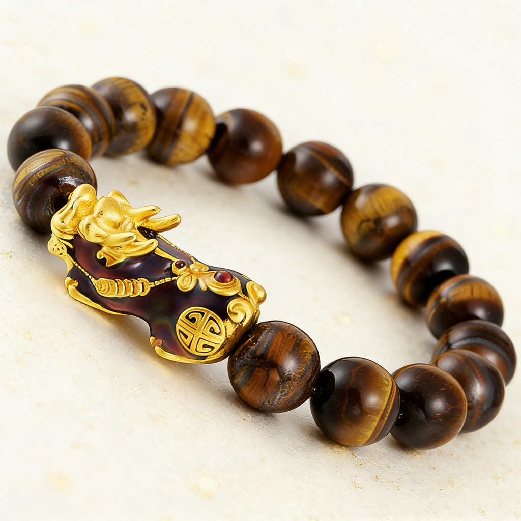Natural Tiger’s Eye Bead Bracelet with Color-Changing Pixiu — Symbol of Protection | Zen Ara Grove