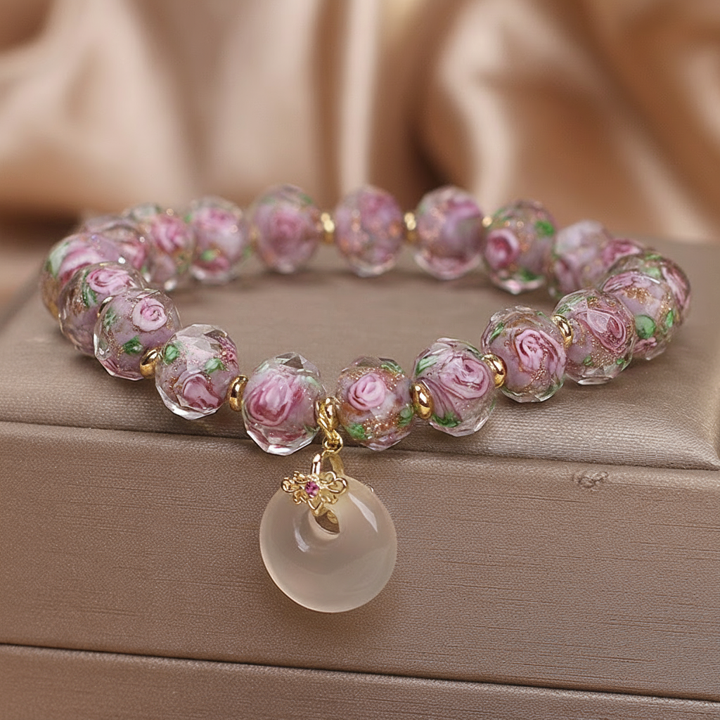 Purple Crystal Peace Amulet with Rose Murano Glass｜Luck & Love Bracelet | Zen Ara Grove