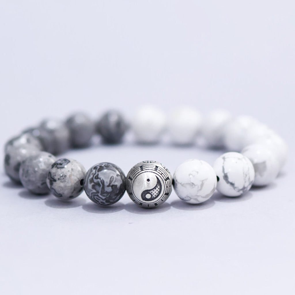 White Turquoise & Map Stone Beaded Bracelet – Yin-Yang Metal Accent, 999 Silver Ba Gua Bead | Zen Ara Grove