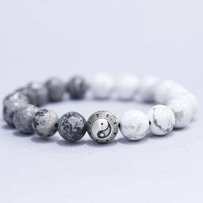 White Turquoise & Map Stone Beaded Bracelet – Yin-Yang Metal Accent, 999 Silver Ba Gua Bead | Zen Ara Grove