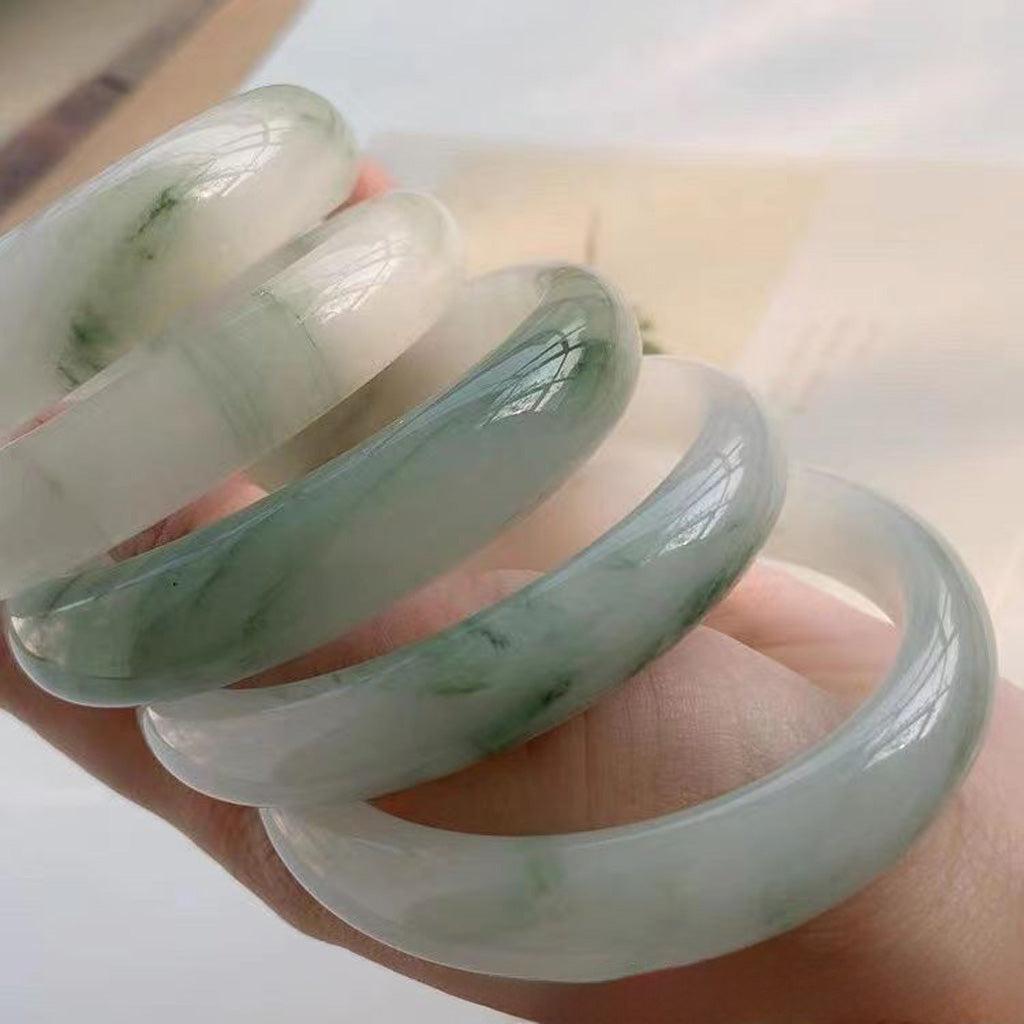 Misty Mountain Jade Bangle – Whisper of Serenity and Harmony in White & Green | Zen Ara Grove