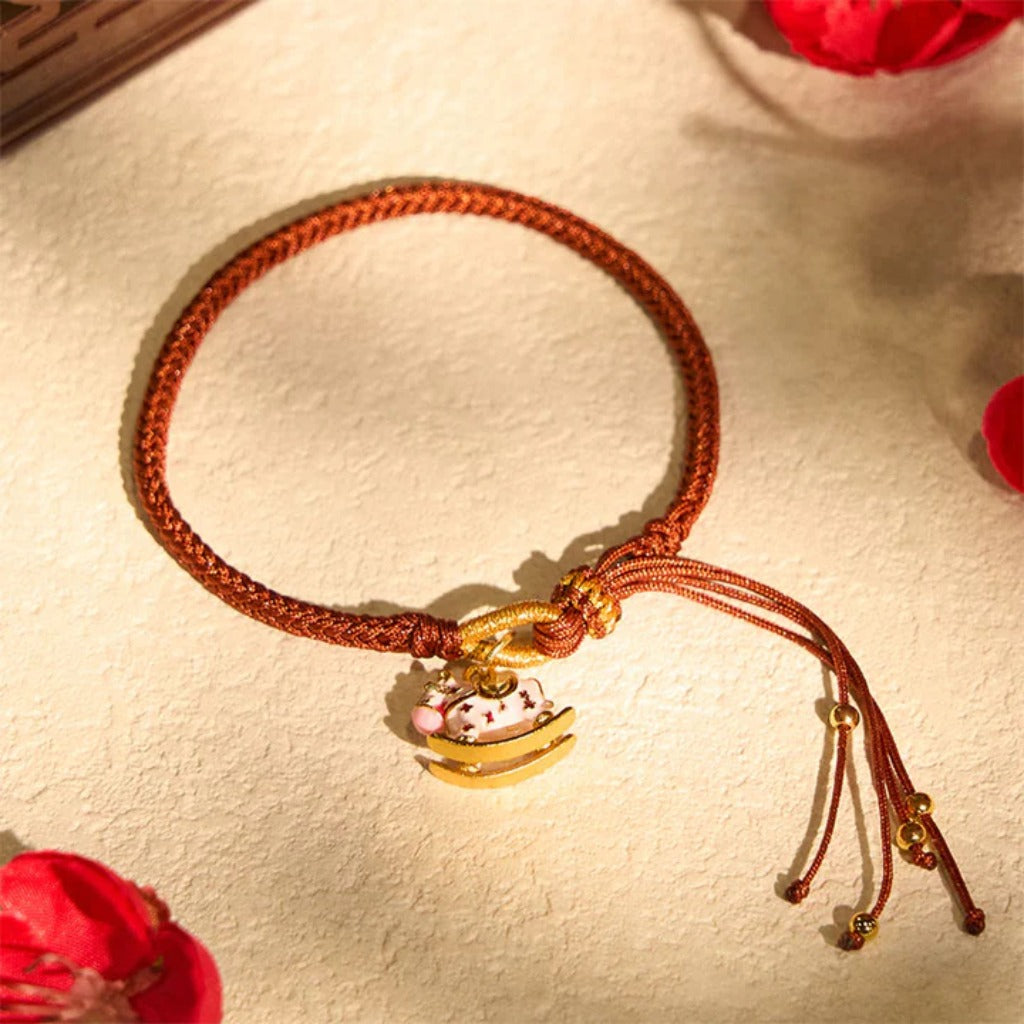 Adjustable Handmade Woven Bracelet with Drip-Glazed Sand Gold Horse Charm | Zen Ara Grove