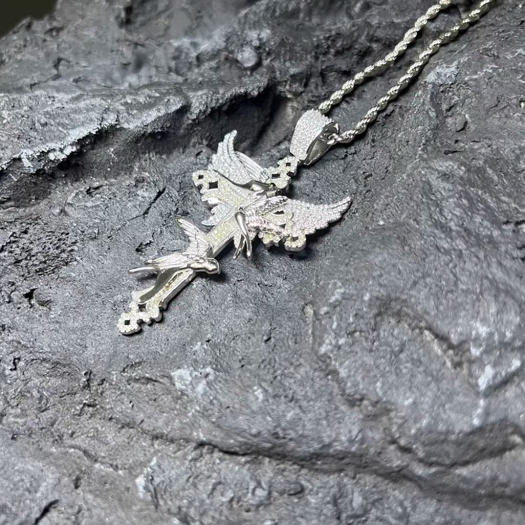 Full Diamond Peace Dove Cross Pendant Necklace – Symbol of Faith and Harmony | Zen Ara Grove