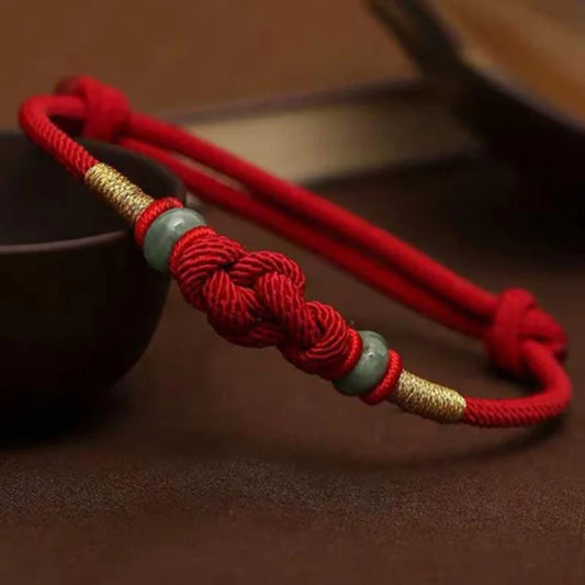 Handmade Adjustable Red Rope Bracelet Lucky Knot with Jade-like Beads – Wishing for Smooth Fortune | Zen Ara Grove