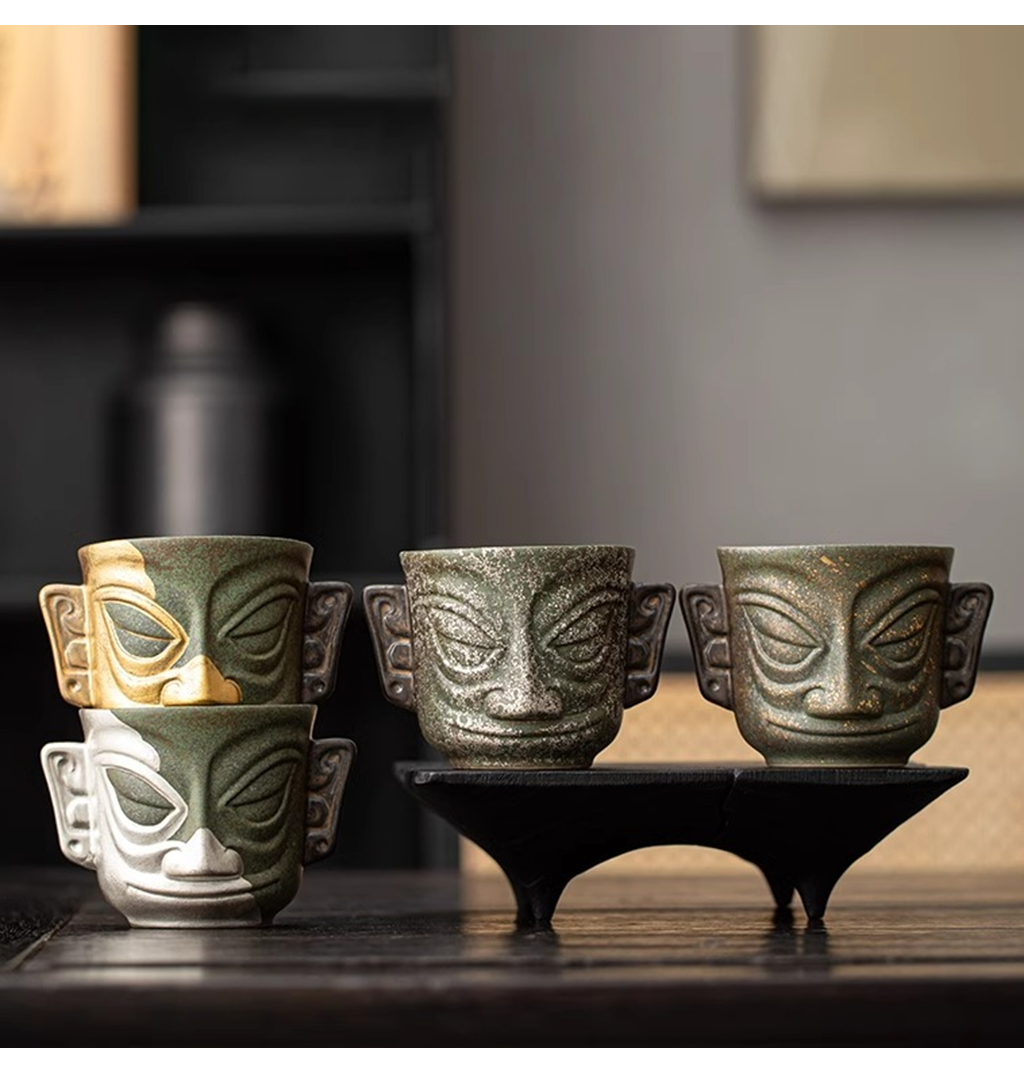 Sanxingdui Gold Mask Ceramic Teacup – Inspired Heritage Drinkware | Zen Ara Grove