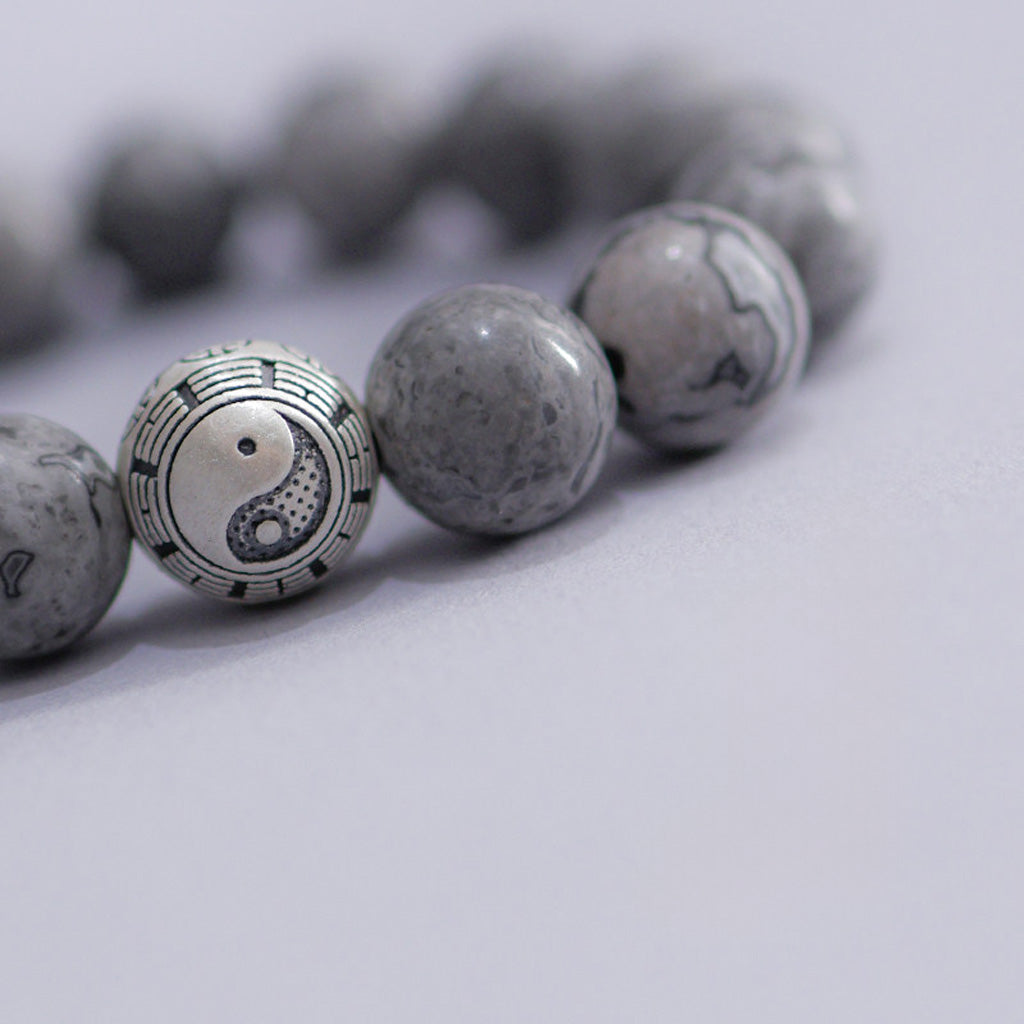 White Turquoise & Map Stone Beaded Bracelet – Yin-Yang Metal Accent, 999 Silver Ba Gua Bead | Zen Ara Grove