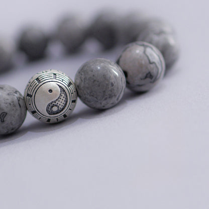 White Turquoise & Map Stone Beaded Bracelet – Yin-Yang Metal Accent, 999 Silver Ba Gua Bead | Zen Ara Grove