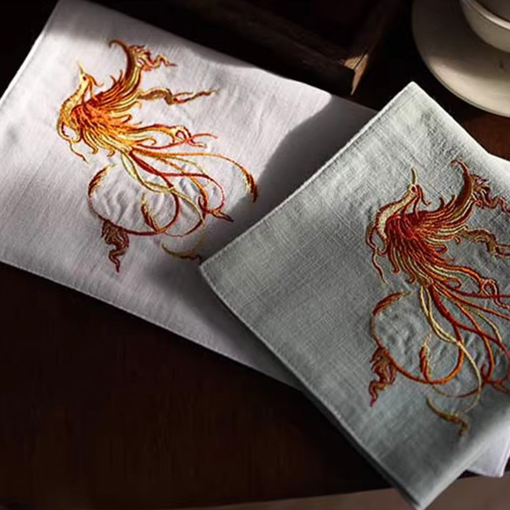 Double‑Layer Cotton Handkerchief – Hand‑Embroidered Phoenix Symbolizing Grace and Renewal | Zen Ara Grove