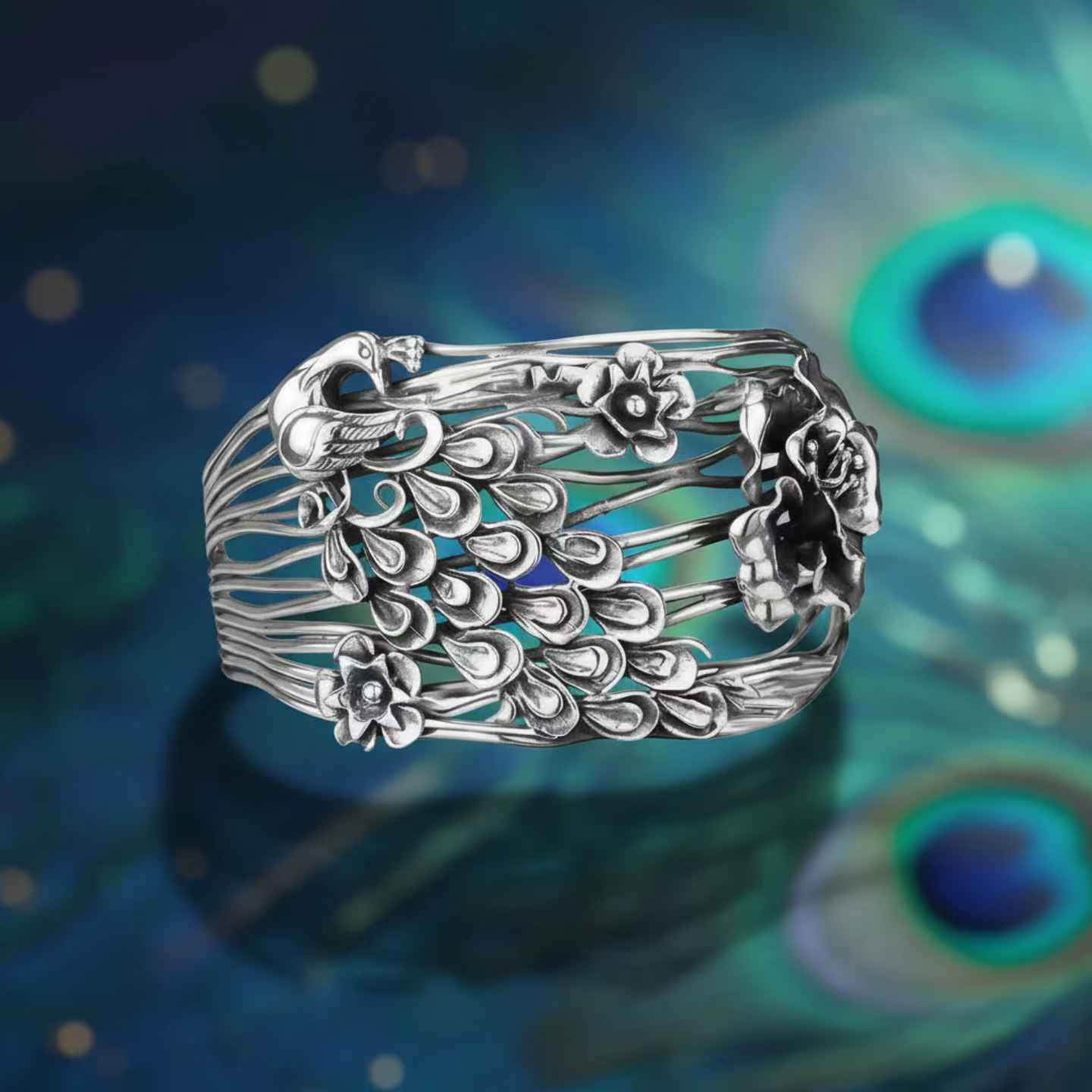 Peacock Hollow Engraved Silver-Plated Cuff Bracelet | Zen Ara Grove