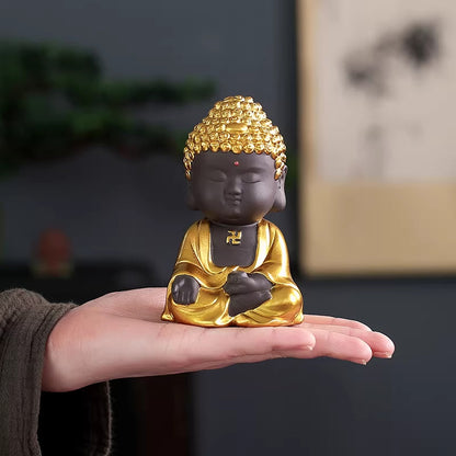 Mini Zen Buddha Statue – Handcrafted Purple Clay Ceramic with Golden Touch of Serenity | Zen Ara Grove