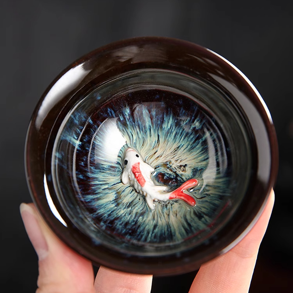 Artisan Porcelain Tea Cup – Unique Kiln-Varied Colors with Koi Design | Zen Ara Grove